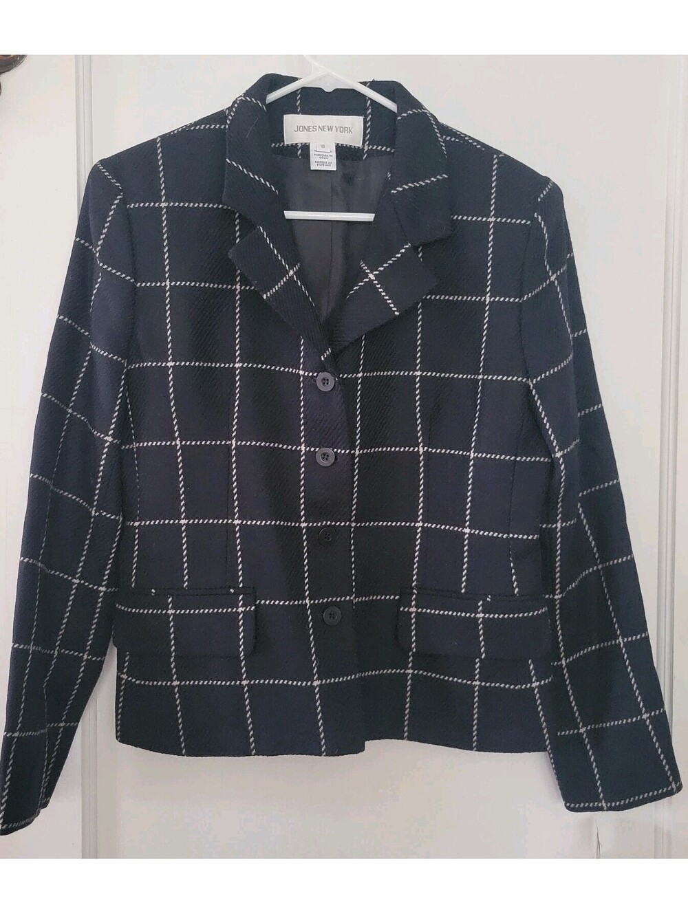 Plaid Blazer Womans 8 Wool Checkered Jacket Shoulder Pads Full Button USA Black